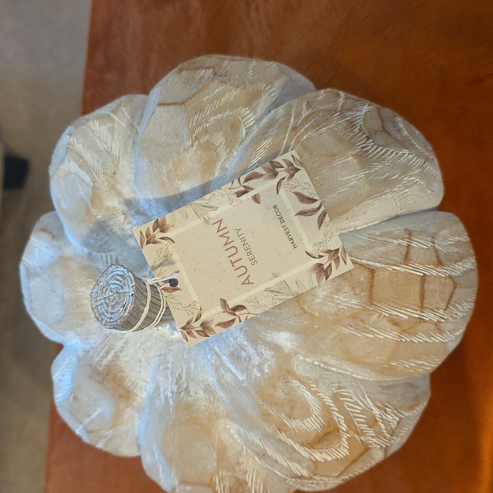 Decorative White and Tan Vintage Wood Carved Pumpkin - Picture 2 of 5
